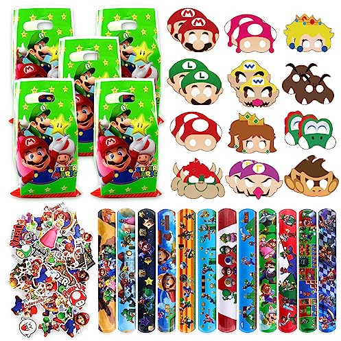 94 Stück Ma-Rio Kindergeburtstag Gastgeschenke, Slap Armbänder Schnapparmband + Partytüten Kindergeburtstag + Party Masken Kinder + Aufkleber, Tüten Mitgebsel für Mädchen Jungen