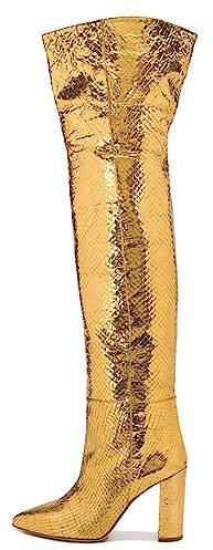 Omeslike Stivali Alti alla Coscia con Tacco a Blocco da Donna, Stivali Alti sopra Il Ginocchio con Tacco Grosso, Stivali da Equitazione Alti Comfort Autunno Inverno,d'oro,35
