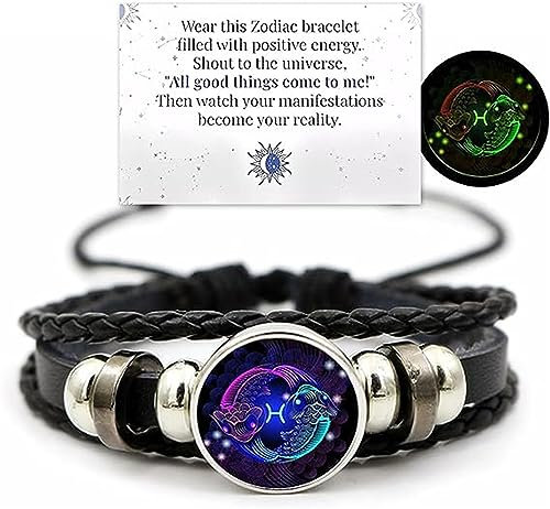Ashopfun Zodiac Signs Spirit Bracelet,Handmade Woven Multilayer Adjustable 12 Constellation Zodiac PU Leather Bracelets Unisex,Glow in the Dark Zodiac Jewelry Gifts For Women Men (Pisces)