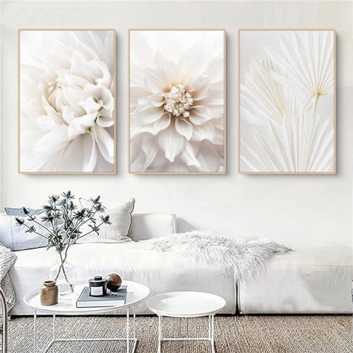DLKAJFK Moderne Wandmalerei Plakat Set, Natürliche Landschaft Strand, Schilfblätter, Weiße Rosen, Leinwanddruck, Hintergrund Wanddekoration Plakat Set, Rahmenlos (Blütenherz,3Pcs-50x70cm)
