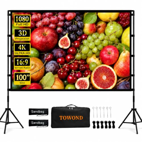 Projector Screen and Stand, Towond 100 inch Portable Movie Screen Indoor Outdoor 16:9 HD Front Rear Projection Screen with Carry Bag Wrinkle-Free and Foldable Polyester Fabric Design for Home Cinema | Compact reinforced-edge screen fits smaller rooms and patios; 19mm tripod and carry bag travel easily.