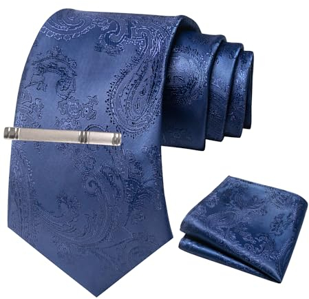 JEMYGINS Herren Paisley Krawatten set mit Krawattenklammer und Einstecktuch,Navy blau