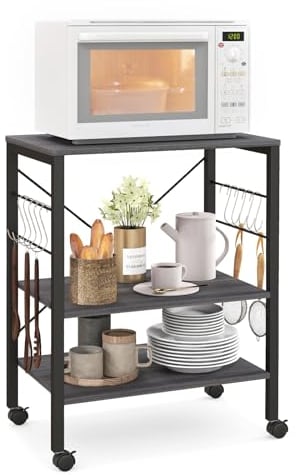 COSTWAY Baker's Rack, 3-Tier Kitchen Storage Cart with Adjustable Shelves, Lockable Wheels & 5/10 Hooks, Rolling Utility Trolley for Living Room Kitchen Office (2 Adjustable Shelves, Grey)