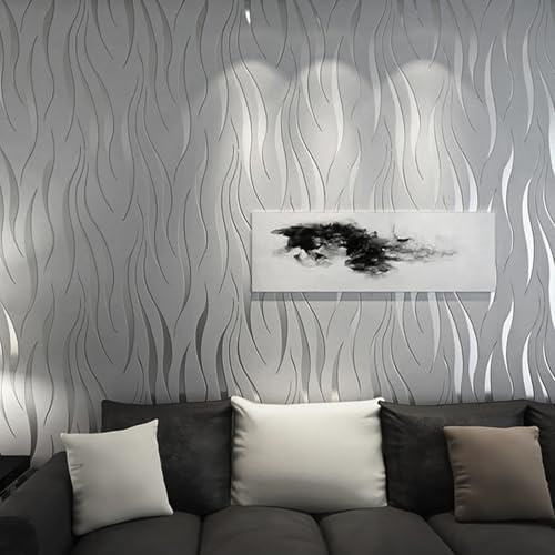 Anttyscar 5 Rolle Silber Grau Tapete für Wohnzimmer Schlafzimmer, Wellen Geprägte 3D Effekt Glitter Tapete, Modern Vliestapete 950CM×53CM