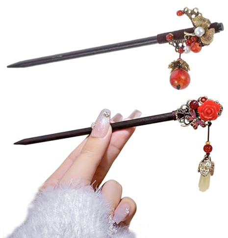 JRYXDS Holz Haarnadeln chinesische Haar sticks Vintage Blume Haars täbchen hand gefertigt Holz Haars tock klassische Haar Essstäbchen Haarnadel-Accessoires mit Quaste für Frauen Mädchen(2 Stück)