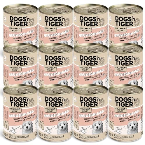 Dogs’n Tiger Junior, Hundefutter, Grünschnabel, Hundenassfutter für Welpen mit Huhn, Reis und Gemüse, ohne Getreide, Zuckerzusatz, künstliche Konservierungsstoffe, 12x 400g