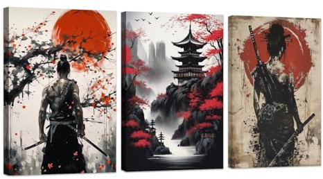 ZXHYWYM Samurai Wanddekoration 3 teilig inspirierendes Bushido Poster asiatischer Krieger Druck auf Leinwand rote und schwarze japanische Kulturmalerei mit Rahmen (A (30x40cmx3))