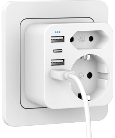 Mehrfachsteckdose mit 4 USB Ports, Mehrfachstecker für Steckdose mit 2 Fach Stecker, Steckdosenadapter mit USB C Port, Doppelstecker für USBC Steckdose, Steckdosenleiste (Grau)