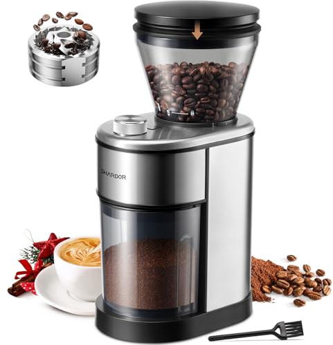 SHARDOR Molinillo de café con mecanismo cónico, con 30 ajustes de grado de molienda para molinillo de café totalmente de acero inoxidable, recipiente de granos de 160 g, para espresso, café moka,