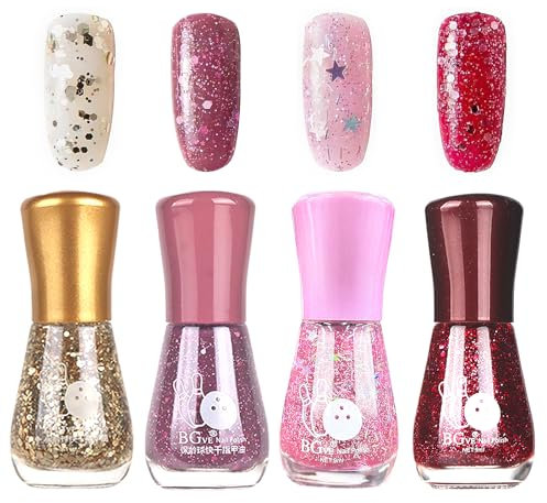 Glitter Nail Polish Set - Sparkly Nail Varnish Sets - 60 Second Nail Varnish Quick Dry - Shiny Flash Pink Purple Gold Red Nail Polish Breathable Long Lasting for Nail Salon at Home