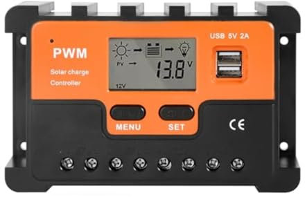 BuyWeek 30A Solarregler 12V/24V PWM Solarladeregler LCD-Display Solar Laderegler Intelligente Solar Ladegerät Controller mit 5V Dual USB Port Solarpanel Batterie-Regler für Blei Säure Batterien
