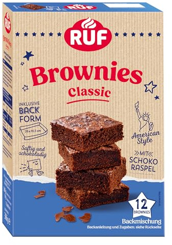RUF Classic Brownies, Backmischung für saftig schokoladige Chocolate-Brownies im American Style mit Schoko-Raspel, inkl. Backform, 12 Brownies, 366g