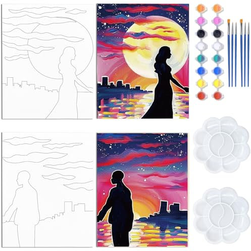 WEBEEDY 2 Pack Pre Drawn Canvas Couples Paint Party Kits Sip and Paint Kit for Adults Date Night 8 x 10 Inch Canvas Painting Art Premade Canvas Painting Kit Date Night Games for Valentines Day,20x25cm