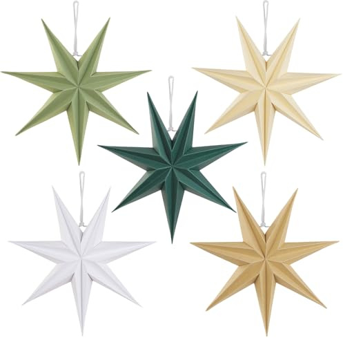 SUNBEAUTY Christmas 5Pcs Paper Stars 7 Pointed 12 Inch Hanging Paper Star Lanterns Christmas Hanging Lamp Paper Decorations Shade Wedding Birthday Christmas Home Party