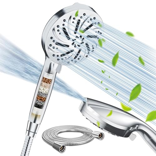 Pommeau de Douche avec 15 Étapes Filtre et avec Tuyau 1,5M - Douchette Filtrée à Économie D'eau avec 10 Modes de Jet, Douchette Rotative à 360° avec Filtre à Calcaire, Blanc/Chrome