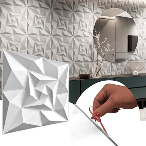 Selbstklebend 3D Paneele, 50x50cm PVC Kunststoffpaneele Wandpaneele Gaming Zimmer Wand Decke 3D Optik Diamant 12 PCS/3 m² einfache Montage! (Weiß 175)