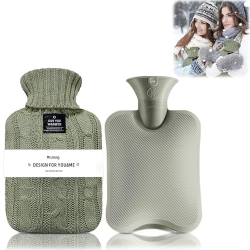Hot Water Bottle with Knitted Cover, Leak-Proof Hot Water Bag for Hot and Cold Compress, Hand Feet Warmer, Ideal for Menstrual Cramps, Neck and Shoulder Pain Relief,Warming Bed (Grey Bean Green, 2 L)