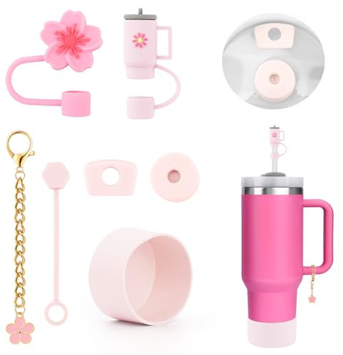 7PCS Tumbler Accessories for Stanley Cup, Includes 3 Straw Covers, 2 Leak Proof Silicone Stoppers, 1 Flower Cup Charm, and 1 Silicone Sleeve for Stanley 30oz 40oz. (Crystal pink)