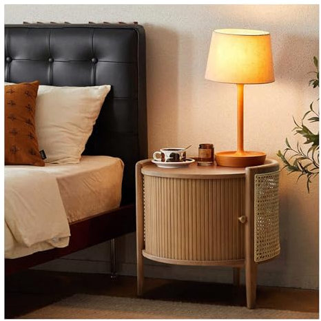 HBOOMOEM Bedside Table，Modern Bedside Table ，Round Bedside Table，Solid Wood Side Table With Roller Door & Woven Rattan，Suitable For Living Room, Bedroom, Office, Apartment, Etc.(Cherry)