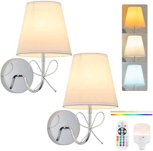 PASSICA DECOR Bow Wireless Battery Operated Wall Lights Set of 2 ,Rechargeable Wall Lights Indoor with 15 Colours, Timer,Remote Control, Cordless Wall Light for Bedrooms, Living Room (Chrome)