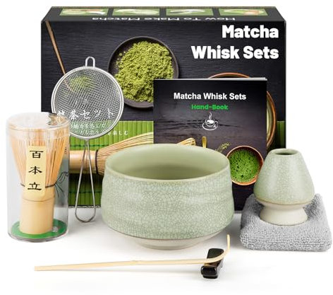 Kit de Ceremonia Japonesa del Matcha de 7 piezas, Batidora de Matcha de Bambú, Cuenco de Matcha, Cuchara, Colador, Portacucharas, Soporte para la Batidora, Juego Completo de Matcha, Verde grisáceo