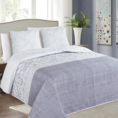 Euromat Tagesdecke Steppdecke Bettüberwurf Gesteppte Tagesdecke mit 2 Kissenbezüge 40x40 cm- (Lila Grau- SY-7207, 220x240 cm)