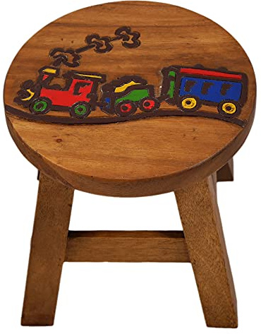 Tokoindah Kinderhocker Holz Eisenbahn – Blumenhocker Schemel rund 25 cm | Handgefertigt aus Massivholz – als Sitzgelegenheit, Pflanzenständer oder Beistellablage, jedes Stück ein Unikat