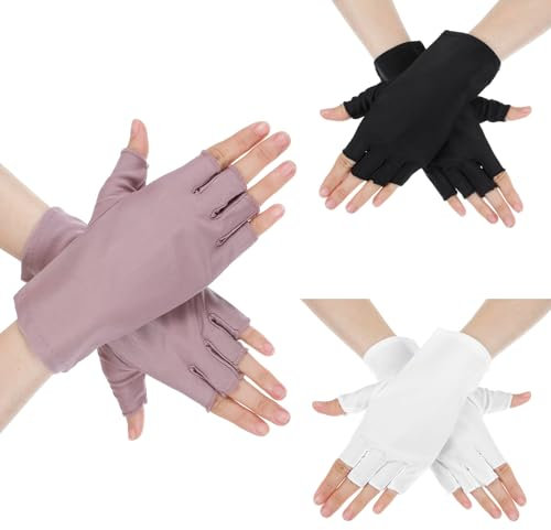 3 Paar UV-Handschuhe Nägel,UV Schutzhandschuhe für Maniküre,Anti-UV Schutz Fingerlose Handschuhe Damen,Gel Maniküre Handschuhe,Leichte Fingerlose Handschuhes für Autofahren Angeln(Schwarz Weiß Rosa)