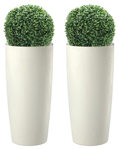 Erba Grand Pot pour Plantes d'intérieur et d'extérieur, Design Moderne avec Effet Ciment Amande et Anthracite, jardinière Haute avec Soucoupe Musa Mat Coleur Amande, 2 pièces 35 x 90 avec buis