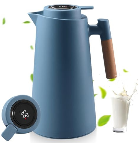 Thermoskanne 1L, Tee Thermoskanne mit Temperaturanzeige, Kaffeekanne Thermo mit Holzgriff, Teekanne Thermo, Isolierkanne mit Einfachem Sicherheitstaster, Thermosflasche Für Home Hotel Office, Blau