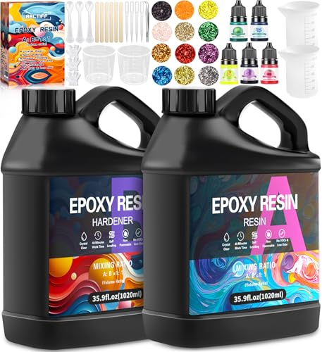 BBLTIFF Kunstharz Gießen Set, Epoxidharz 2040ml, 1:1 Verhältnis Epoxidharz Set Anfänger mit Farbe, Holzstab, Löffel, Fäustling, Messbecher, Pinzette, Glitzerpulver Geliefert