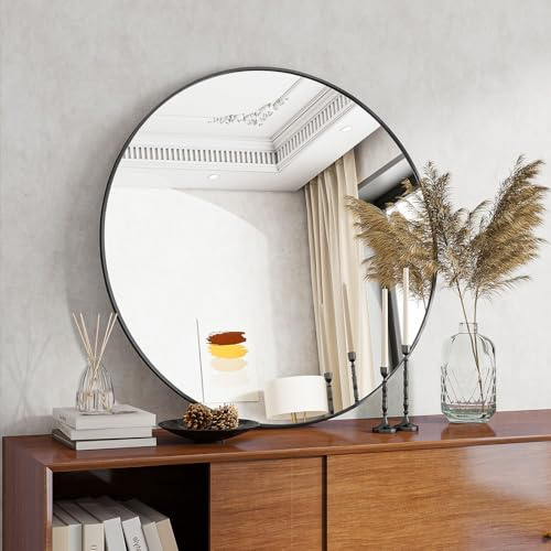 Koonmi Round Wall Mirror, 90 x 90 cm, Black | Tempered glass, Aluminium frame, Suitable for bathrooms and bedrooms/dressing areas