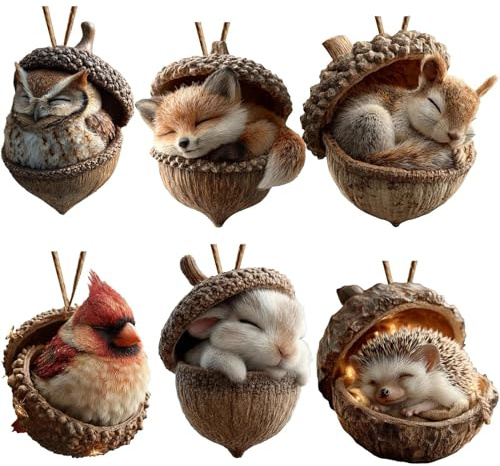6Pcs Animal Acorn Ornaments, 2D Acrylic Forests Animals Hanging Decorations, Animal Christmas Tree Ornaments Cute Pendant, Nature-Themed Home Holiday Party Decor For Animals Lovers Gift