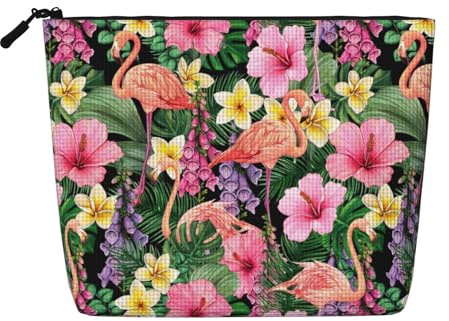 EGVGXIR Pink Flamingo Palm Leaves Flowers Makeup Bag Fake Hemp Travel Bag Pouch Toiletry Bag Coin Purse with Zipper