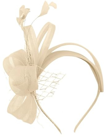 Zidoley Champagne Fascinators for Women, Elegant Nude Cream Hair Fascinator Headband for Weddings, Feather Headwear, Small Gold Fascinators Headband for Ladies Garden Tea Birthday Party Royal Ascot