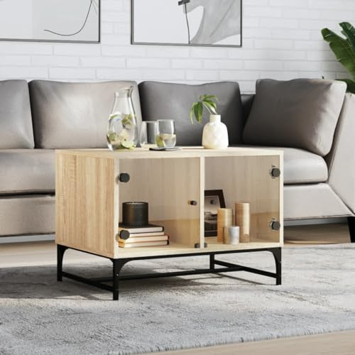 LoogCape Couchtisch Sonoma-Eiche, 68,5x50x50 cm, mit Glastüren, Holzwerkstoff, Beistelltisch für Wohnzimmer, praktischer Stauraum