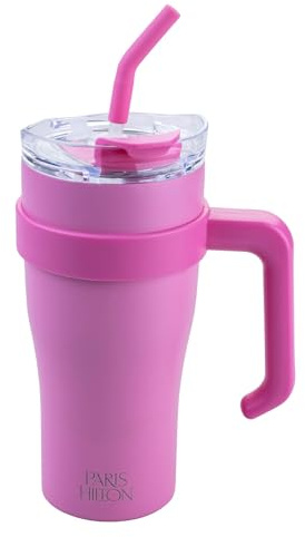 Paris Hilton Isolier-Trinkbecher, 850 ml, Aus Edelstahl Edelstahl in dunkel Rosa inkl. Trinkhalm, doppelwandige Isolierung für Warm- und kalt Getränke – Für unterwegs und zuhause, Reinigung per Hand