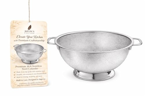 Brown Feather Stainless Steel Colander - Strainer for Rice Pasta & Spaghetti, Drainer for Vegetable & Fruit, 18/8 Metal Kitchen Cooking Collinder with Handles, Cllinder Chinois Spider Large Sieve