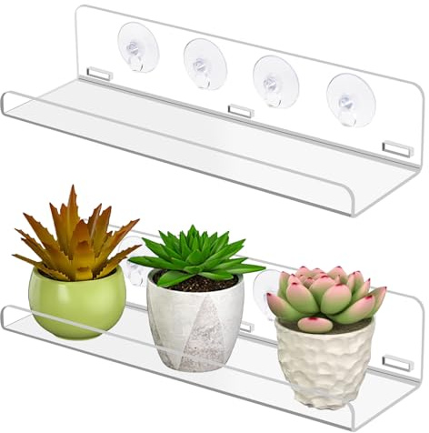 PORFOYO Lot de 2 étagères à ventouse pour fenêtre, 30 cm, support mural de fenêtre avec 8 ventouses, transparent, étagère murale pour jardins intérieurs, plantes d'intérieur