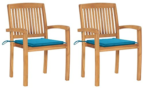 Emmtore 2X Teak Massiv Gartenstuhl mit Blauen Kissen Stapelbar Essstuhl Holzstuhl Stapelstuhl Gartensessel Gartenmöbel Stuhl Stühle Sessel Gartenstühle