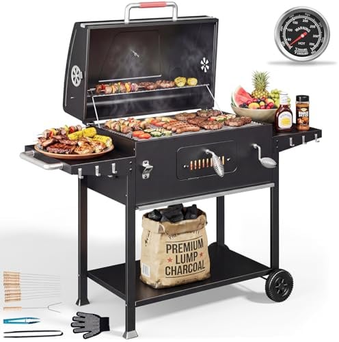 Devoko Barbecue Charbon de Bois XXL, Barbecue à Charbon, Barbecue Portable pour Jardin/Camping/Extérieur, Inclus Grille de Barbecue 71 x 43 cm/Thermomètre/Pince de Cuisine/Gants de Barbecue