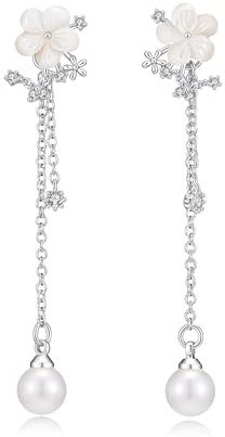 MACACHII Ohrringe Hängend Silber Gold für Damen Lange Earrings for Women mit Perle und Steinen Anhänger Perlenohrringe Hypoallergene Leichte Vintage Blumen Verlobung Braut Blüten Hochzeit Schmuck