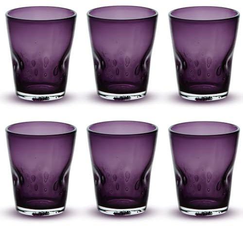MEMENTO Set 6 Bicchieri Acqua Colorati Dune, in Pasta di Vetro 370 ml, Bicchieri da Tavola Moderni e Colorati (Viola)