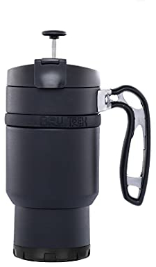 BruTrek Double Shot | Thermal Travel Mug with Bru-Stop French Press | Anti-Spill | Stainless Steel | Brew Your Favorite Coffee or Tea Anywhere | COLOR: BLACK | 16 oz.