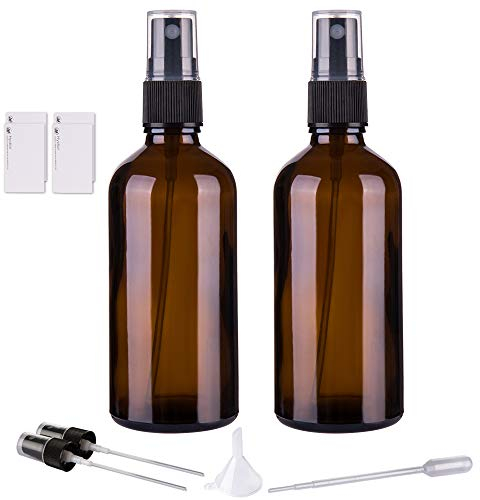 Botellas rociadoras de vidrio ámbar para aceites esenciales, paquete de 2, 4 oz, pequeñas y vacías, con rociador de niebla fina