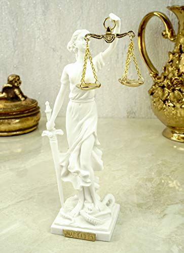 Kremers Schatzkiste Justitia Figur Alabaster 17cm Göttin der Gerechtigkeit Deko Statue Handgefertigte Skulptur mit Waage Schwert und Augenbinde Dekoration für Anwaltskanzlei Büro Geschenk