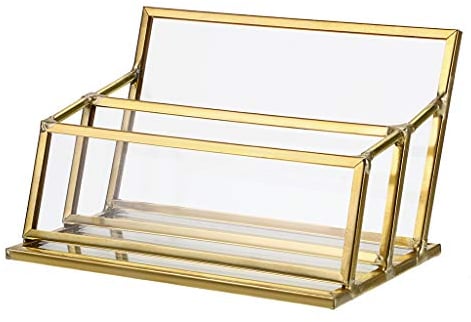 Sumnacon Visitenkartenhalter, 1 Fach, Glas, für Visitenkarten, als Schreibtisch-Organizer, Bürobedarf, Goldfarben 2 slot
