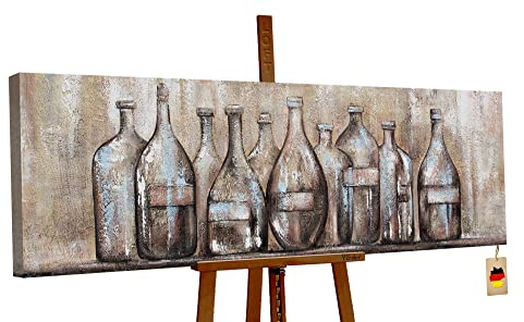 YS-Art Abstrakt Acryl Gemälde auf Leinwand Theke handgemalt Wandbilder Wohnzimmer modern Wohndekor Design Bild braun Flaschen waagerecht echte Kunst 150x50 cm