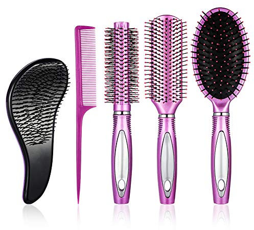 5 Pieces Hair Brush Set Detangling Brush Paddle Brush Round Hair Brush Tail Comb Wet Dry Brush for Women Men Hair Styling (Purple)