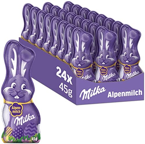 Milka Schmunzelhase Alpenmilch 24 x 45g I Osterschokolade Großpackung I Osterhasen Schokolade aus 100% Alpenmilch